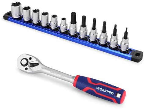 WORKPRO 14-Piece 3/8 Drive Metric Sockets and Ratchet Set -Including 12 Short Sockets & Bit Sockets, 72 Teeth Ratchet Wrench Set with Magnetic Socket Rail for Home Repair