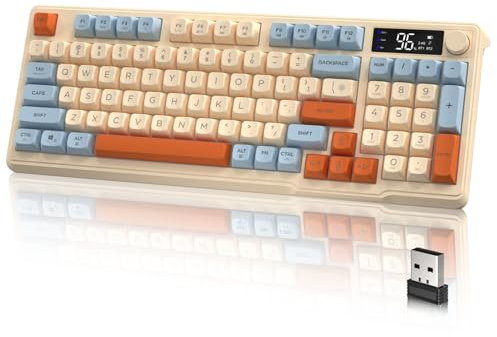 LexonElec M96 Tastiera da Gioco Wireless, Dual Mode-2.4G e BT5.0, Tastiera Semi-meccanica Membrana al 90% con Display e Knob, Copritasto PBT a 94 Tasti Rainbow Backlit, 3000mAh Ricaricabile-Blu