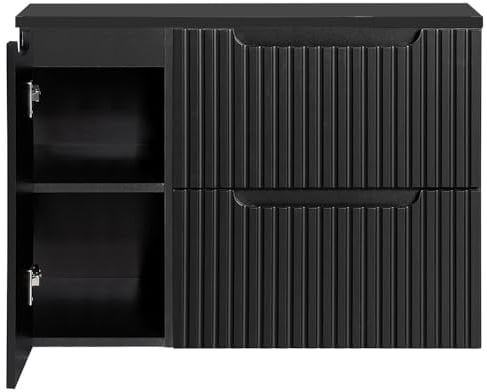 Lomadox Badmöbel Waschtisch-Unterschrank 90 cm schwarz Waschbeckenschrank Badschrank 2 Schubkasten Auszüge 1 Tür, B/H/T ca. 90,4/59,5/40 cm