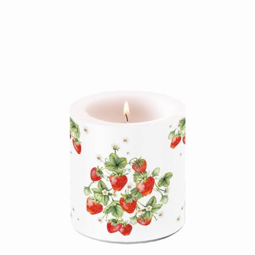 Ambiente Kerze Früchte Erdbeeren als Tischdeko. Motivkerze rund klein für den gedeckten Tisch Ø7,5 x 9cm - Fruchtig