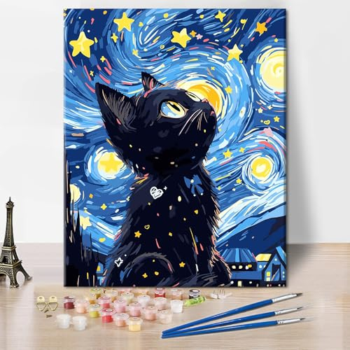 Schwarze Katze Farbe nach Zahlen für Erwachsene Anfänger Aquarell Sternenfarbe Nachtfarbe nach Zahlen Kits auf Leinwand DIY Einfache Ölgemälde Kit Kunst Handwerk Leinwand Wand Dekor Decor, 16X20inch