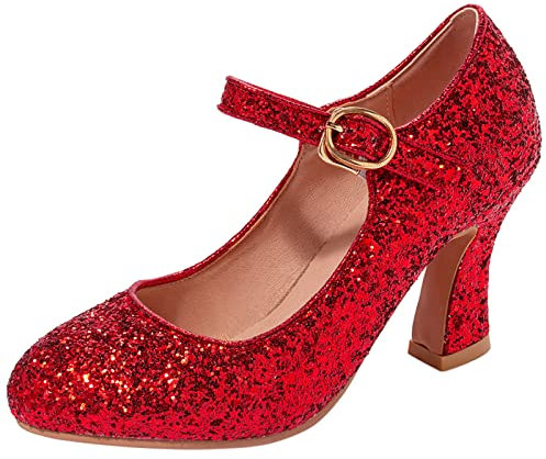 Gicoiz Mary Jane Glitter Bride Wedding Ankle Strap Pumps Block Louis Heels Womens Closed Toe Elegant Party Evening Formal Shoes Red Size 6-40