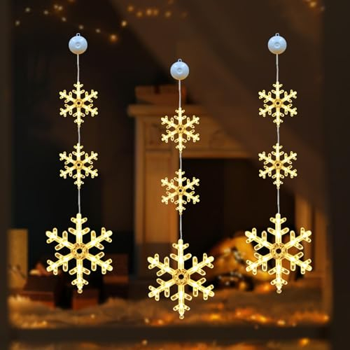 Weihnachtsdeko Fenster, 3 Stück Weihnachtsbeleuchtung Fenster LED Schneeflocke Fensterdeko Weihnachten Beleuchtet, Warmweiß Fensterbeleuchtung Weihnachten für Weihnachtsdeko Innen, Balkon, Party