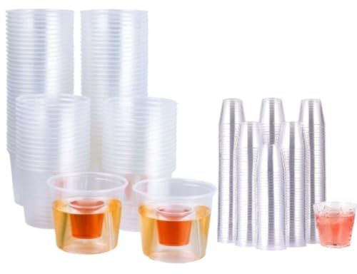 HOT BARGAINS 1000 X Disposable Jager Bomb Shot Glasses + 1000 X 2cl Shot Glasses Clear CE Marked Reusable Plastic Glasses