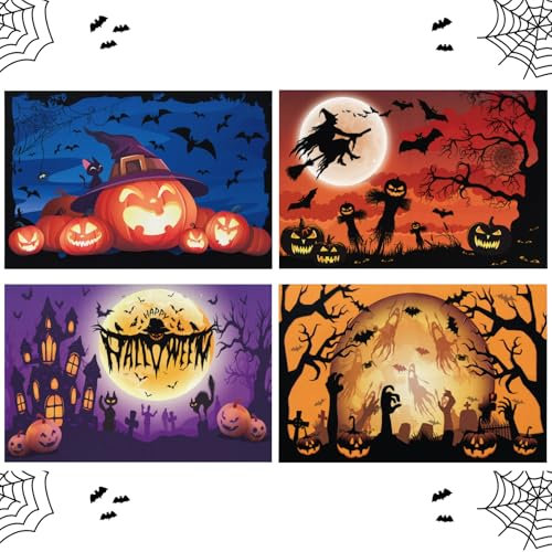 4 Pezzi Tovagliette di Halloween, Zucca Strega Fantasma Vampiro Happy Halloween Tovagliette, Stagionale Lino Tovagliette Lavabile per Halloween Partito Tavolo Cucina Domestica Decorazione, 12 x 18