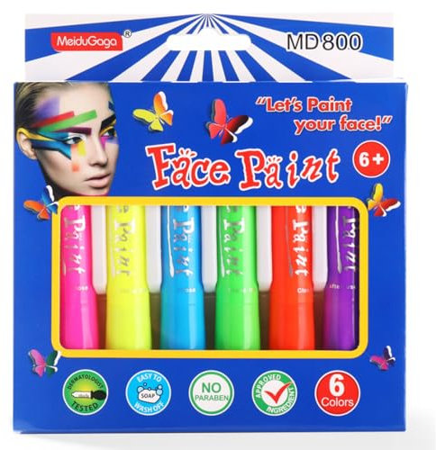 UV Neon Face Paint - 6 Color Glow in the Dark Face Paint - Neon Body Face Paint Crayon Kit - Water Based Blacklight Makeup Face Painting Kit - Colourful Paint Sticks Kit for Halloween and Parties