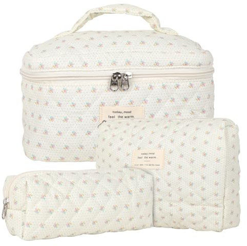 3pcs Reise Kosmetiktasche Set Damen, Baumwolle Kulturbeutel Set Damen Gesteppte Kulturtasche mit Blumenmuster, Make up Bag Aesthetic Schminktasche Cosmetic Bag für Kinder Damen