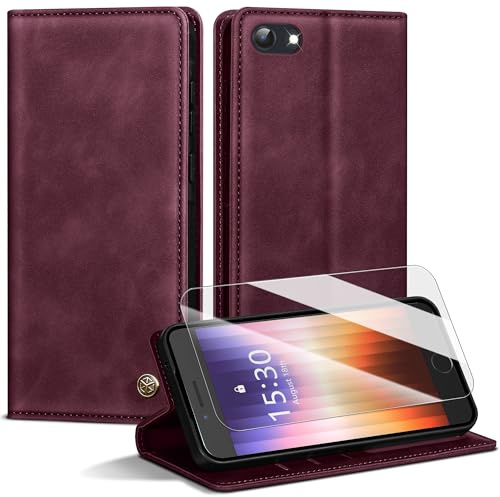 Handyhülle für iPhone SE 3/2(2022/2020) Hülle,Premium Lederhülle für iPhone 8/7 [Mit 1 Stück Panzer Schutz Glas] Magnet Kartenfach Klapphülle Schutzhülle für iPhone SE 2020/iPhone 8/7,Weinrot