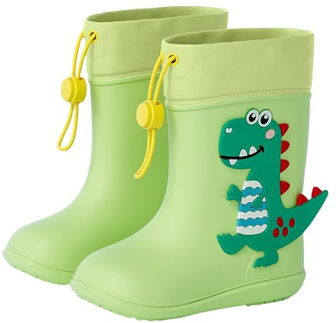 SEAUR Stivali da pioggia per bambini, in gomma, leggeri, 360 gradi, con coulisse regolabile, per bambini, motivo dinosauro 3D, 21-31 EU, verde, 23 EU