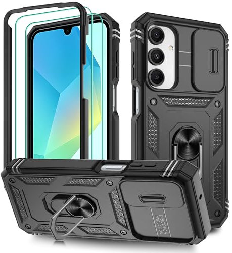 Pilaru 3 in 1 for Samsung A16 Case with Front Frame |2 Separate Screen Protector| Kickstand Ring & Camera Cover Military Grade Drop Shockproof Protection for Samsung Galaxy A16,Black