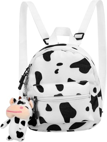 CONGARTENO Mädchenrucksack aus Canvas mit Kuhmuster, Weiß, Entzückend | Leichter Tagesrucksack mit Mehreren Fächern, Schneller Zugriff, für Shopping und Morgenkaffee