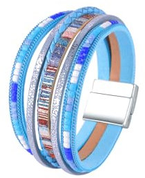 Viwind Lederarmband Damen Boho Multilayer Leder Wrap Armbänder 19 cm Korn Perlen Wickelarmband Geflochtenes Lederarmband Magnetverschluss (Blau)