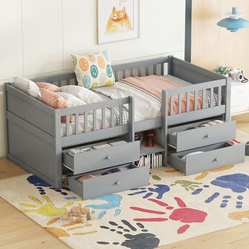 WIZBED Halbhochbett Kinderbett mit 4 Schubladen & Rausfallschutz, Babybett Hochbett für Jungen & Mädchen, Kiefernholz Beistellbett mit Lattenrost, 90x200 cm (Grau, 90x200)