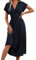 QUNERY Robe Longue Femme Ete Elégante Robes de Plage Manches Courtes V Taille Haute Unie Maxi Dress Casual et Chic Marine L