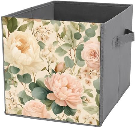 Jubonexis Cestini portaoggetti a forma di cubo con rose rosa cipria e fiori, stile vintage, pieghevoli, decorativi, in tessuto, con manici, per scaffali, armadi, 27 x 27 cm