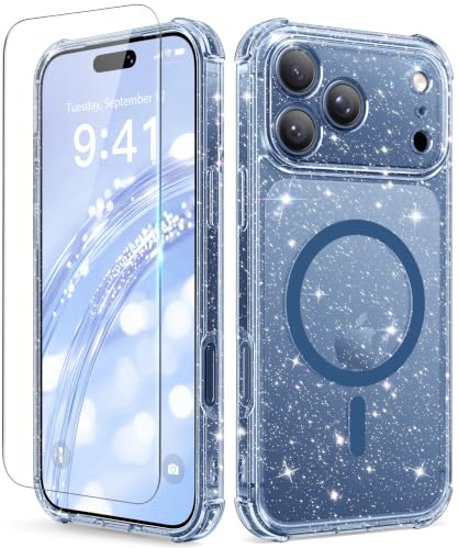 BERFY for iPhone 17 Pro Case for Women, Compatible with MagSafe | Clear Glitter Shockproof Protective Magnetic Cute Phone Case with Screen Protector, Anti-Yellowing, Sparkle Dark Blue