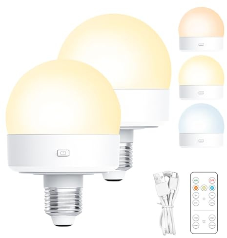 Nzkeuf 2 Stück Wiederaufladbare Glühbirne mit Fernbedienung, Abnehmbare Akku Glühbirne mit Magnetische und Timing für Nicht Verkabelte Dekoration Lampen, E27 3 Farben Dimmbare Glühbirnen
