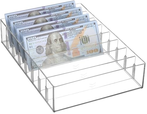 WADORN 8 Section Acrylic Cash Organizer Clear Money Tray with Dividers Durable Plastic Budget Tray for Home Office Small Business Cash Organization Envelopes Budget 25.8x17.8cm