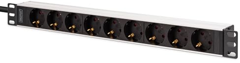 DIGITUS 19 Zoll Steckdosenleiste – 9 Schutzkontaktsteckdosen – 1HE | C20 Stecker – 250VAC 50/60Hz 16A 3600W – Für 19 Zoll Netzwerk- und Serverschränke