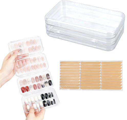 Goktvai Nail Art Storage Box, Plastic Transparent Tri-Fold Press on Nail Art Packaging Storage Case with Adhesive Strips Large Capacity Clear Display Organizer Case for Home Salon Travel