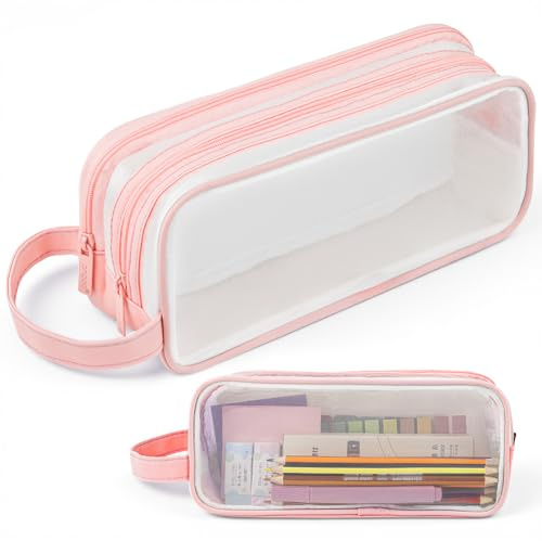 APXEL Transparent Scolaires Papeterie Trousse, Trousse Enfant Crayon, Grande Trousses Scolaire, Pochette Maquillage de Voyage pour Homme en Femme, pour Adolescents Étudiants Adultes Bureau (Rose)