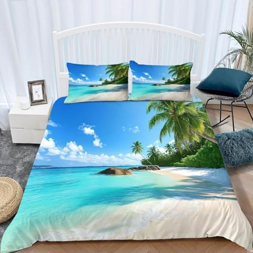 Bettwäsche 135x200 Tropische Palmen Bettbezug Set Weich Mikrofaser Bettwäsche-Sets Blick Auf Den Strand Bettwäsche Set 3 Teilig 3D Druck Bettbezüge mit Reißverschluss und 2 Kissenbezüge D-1022
