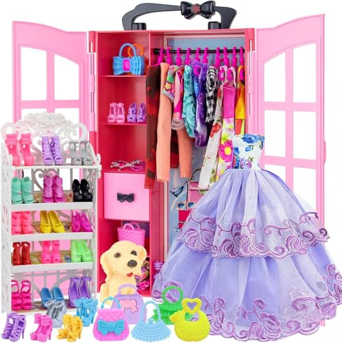 120 Stück Kleidung und Zubehör mit kleiderschrank für Puppen 29cm | 11,5 Zoll Beinhaltet Hochzeitskleid Set, Mode Outfits Tops, Hosen Schuhe Kleiderbügel, Taschen, Halskette, Kleiderbügel
