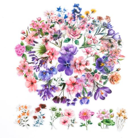 Ethernotes 150 Transparent Scrapbook Stickers, Wasserfeste Blumen Sticker | PET Aufkleber Blumen, Selbstklebend, Bunt, Dekorative Scrapbook Zubehör Set für Fotoalbum(Klassischer Blumenstrauß)