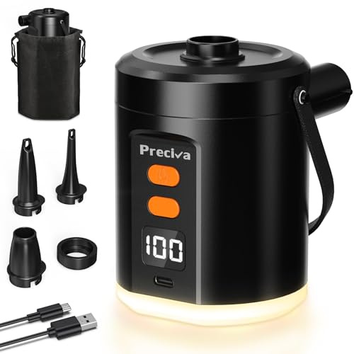 Preciva Bomba De Aire EléCtrica con Luz de Camping,5000mah，con 3 Boquillas | Inflado/Desinflado RáPido PortáTil para Nadar, CáMping Mini Bomba de vacío portátil Bomba de Aire Portatil colchon globos