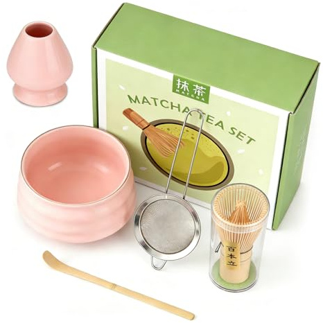 MFUSUL 5 Piezas Matcha Kit para Principiantes, Matcha Set Rosa con Cuenco de Matcha, Cuchara, Soporte para la Batidora, Colador
