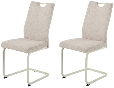 Hela Tische, 2er Set Freischwinger, Küchenstuhl Tivoli, Bezug Webstoff Creme Boucleòptik, Vierkant-Gestell Perlweiß, ergonomische Lehne mit Griff, 140kg belastbar