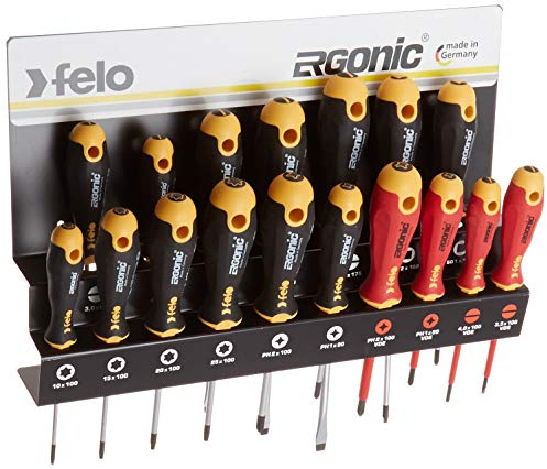 Felo 0715761391 - Set di cacciaviti ergonomici con griglia in acciaio, con scanalatura, quadrata, Phillips e Torx (17 pezzi)