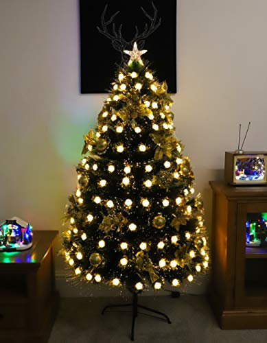 Christmas Concepts® 5ft (1.5m) Pre Lit Green Christmas Tree With LED Roses, Gold Decoration & Warm White LED Lights Energy Class A+++