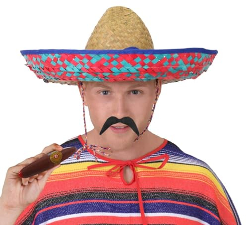 Sombrero mexicano de paja para hombre, incluye un bigote negro, accesorio ideal para disfraz o fiesta, color verde