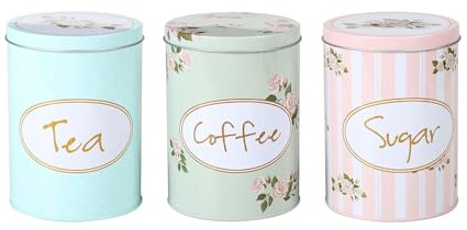 CrazyGadget® 3PC Round Tea Sugar & Coffee Canisters - Metal Vintage Style Floral Shabby Chic Kitchen Storage 15cm Tall 11cm Diameter Attractive Soft Pastel Green Blue & Peach Tones.