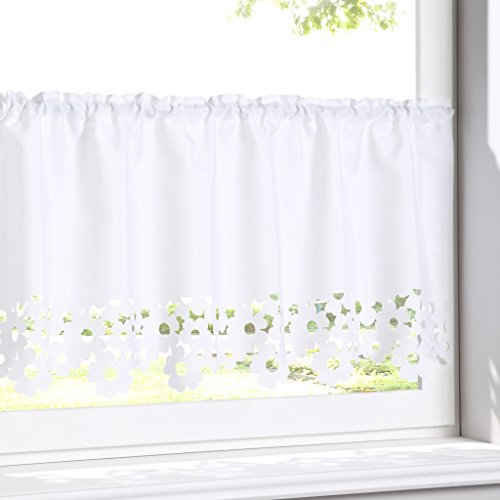HongYa Halbtransparente Scheibengardine Tunnelzug Kurzstore Küche Gardine mit Blumen Muster Lasercut H/B 30/120cm Weiß