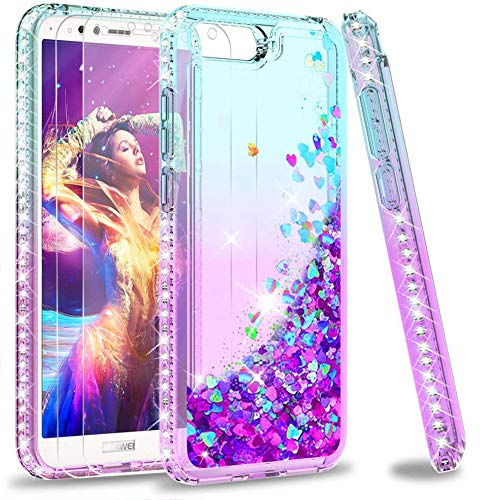 LeYi Hülle für Huawei Y6 2018 Glitzer Handyhülle mit Panzerfolie Schutzfolie(2 Stück) Diamond Cover Bumper Schutzhülle für Huawei Y6 2018 Case Handy Hüllen Gradient Turquoise Purple