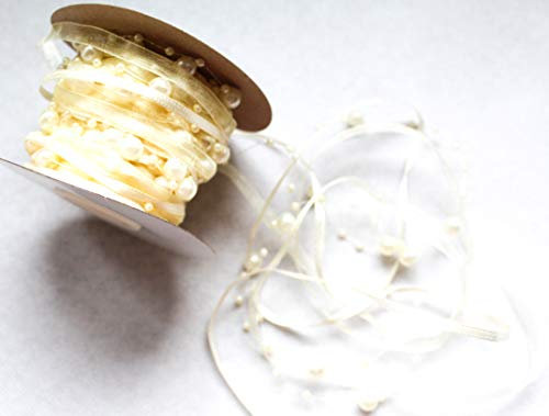 10m Schleifenband mit Organza 3mm und 8mm Perlen,Perlenband,Geschenkband,Trendyband,Perlen am Band: Creme
