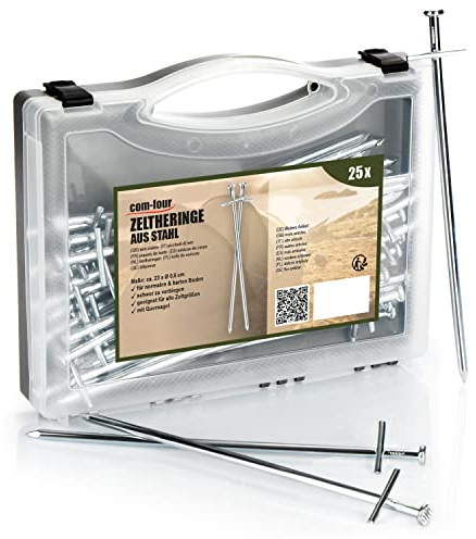com-four® 25x Zelt-Heringe aus Stahl - Lange und robuste Erdnägel für Camping und Outdoor - ideal für normalen und harten Boden 230x6mm - Kreuz Profil