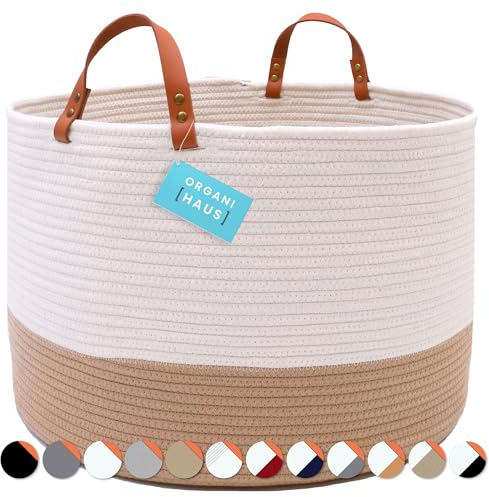 OrganiHaus Extra Large Cotton Rope Basket for Nursery, Laundry, Blanket and Toy Storage - White 50x33cm