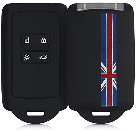 kwmobile Autoschlüssel Hülle kompatibel mit Renault 4-Tasten Smartkey Autoschlüssel (nur Keyless Go) - Silikon Schutzhülle Schlüsselhülle Cover Union Jack Streifen Rot Blau Schwarz