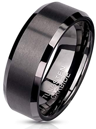 Paula & Fritz® Ring Herren Wolframcarbid gebürstete Oberfläche Gr. 64 (20,4) Schwarz 8-mm Breit Herren-Ring Damenring Partnerring Ehering Mattschwarz