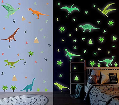 KAIRNE Glow in The Dark Dinosaur Palm Tree Removable Kids Wall Stickers