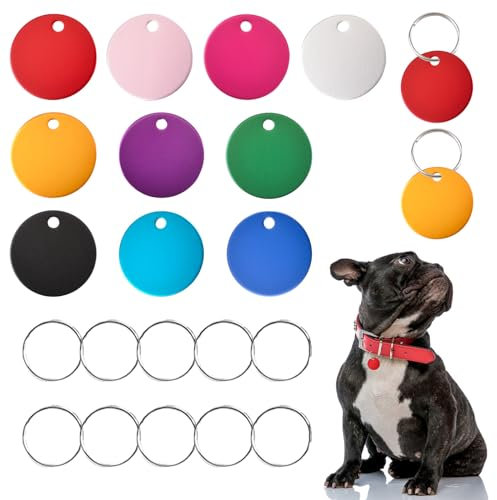 HACRAHO Haustier-ID-Etiketten, bunt, personalisierbar, mit 10 Schlüsselringen für Hunde, Katzen, Welpen, Kätzchen, rund, 10 Stück
