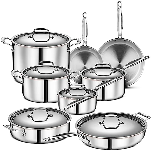 Legend Juego de utensilios de cocina de acero inoxidable de 5 capas, 14 piezas, juego de ollas y sartenes de grado profesional para el hogar, para todo tipo de superficie, inducción y horno,