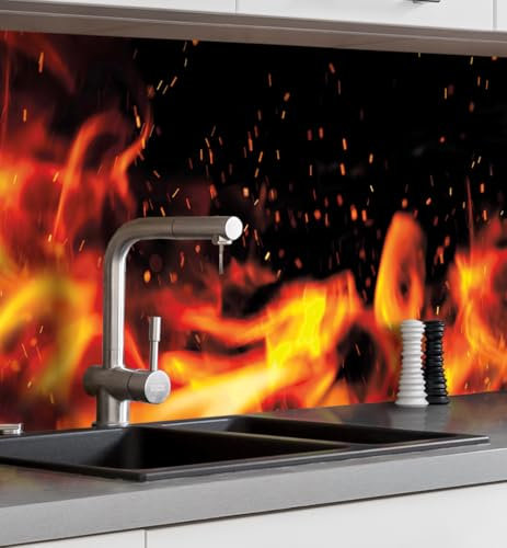 MyMaxxi Küchenrückwand Folie selbstklebend matt - einfache Montage ohne Bohren 0,4mm stark Versteift - Motiv Feuer Flamme 60cm hoch - Spritzschutz Küche Klebefolie - Feuer Flamme 280 x 60cm
