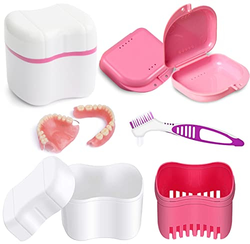 YEAPEAK boîte de prothèse, panier porte-brosse de prothèse, Boîte à Dentier, étuis de prothèse avec brosses de nettoyage de prothèse, pour le nettoyage du stockage des fausses dents.rose
