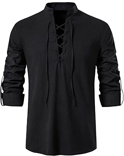 YAOHUOLE Linen Shirt Men Lace Up V Neck Drawstring Shirt Hippie Medieval Costume Black L
