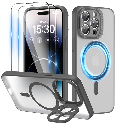 Niunisi für iPhone 15 Pro Hülle für MagSafe KameraStänder kameraschutz Handyhülle mit 2X Panzerglas Kratzfeste Rückseite Schutzhülle Dünne iPhone 15 Pro Case-Kamera Grau