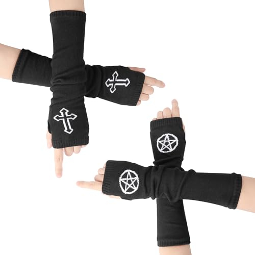 XEPST 2 Paar Goth Arm Ärmel Fingerlose Handschuhe für Frauen, Armstulpen Schwarze Handschuhe Handschuhe Punk Gothic Handgelenk Handschuhe mit Daumenlöchern für Frauen Mädchen Halloween Kostüm Cosplay